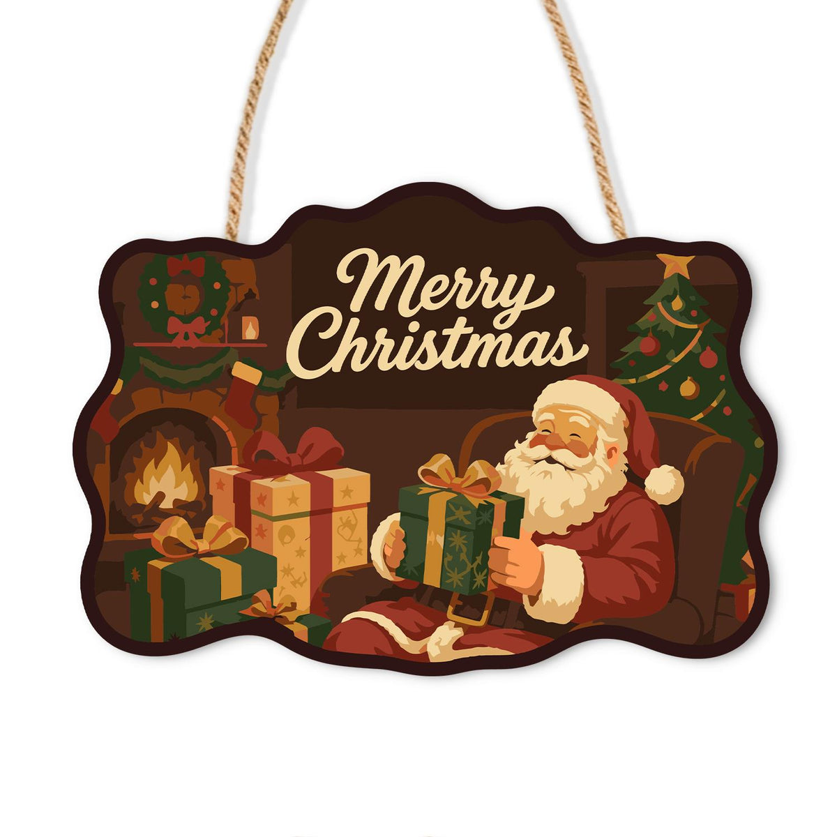 Fireside Santa Gift Opening paint by numbers hanging sign – Santa sitting by a glowing fireplace opening gifts beside a decorated tree, Merry Christmas lettering, on a wooden sign with a rope hanger