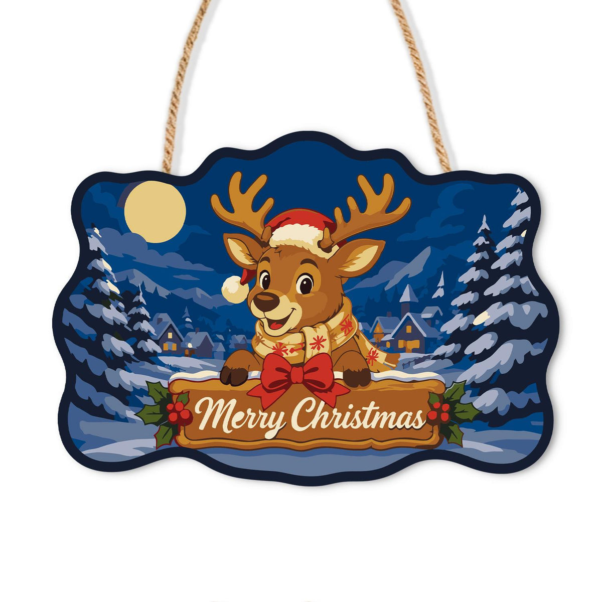 Scarf-Wrapped Reindeer Banner paint by numbers hanging sign – Cartoon reindeer in a Santa hat and scarf behind a Merry Christmas banner, snowy village and full moon, on a wooden sign with a rope hanger