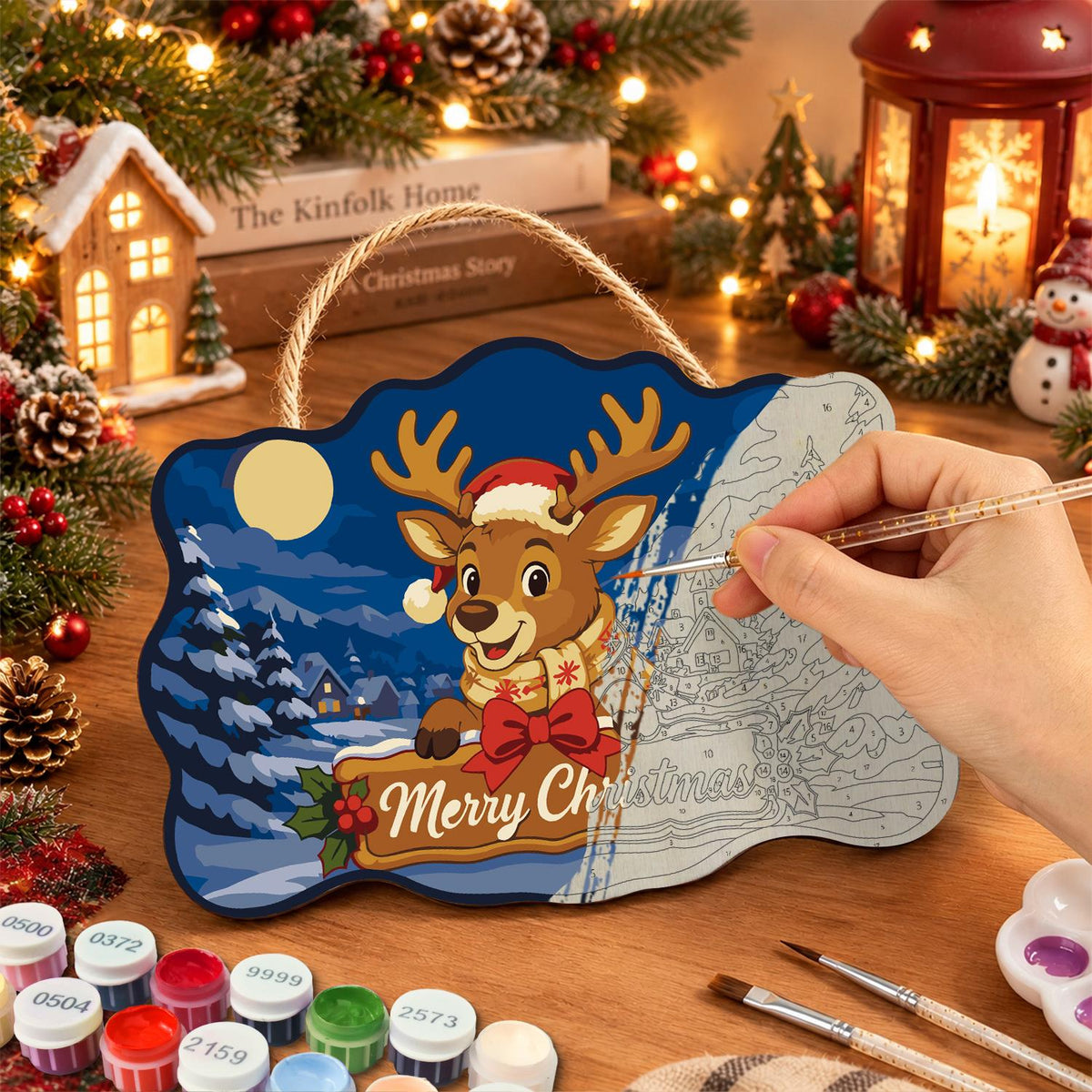 Scarf-Wrapped Reindeer Banner paint by numbers hanging sign – image 7