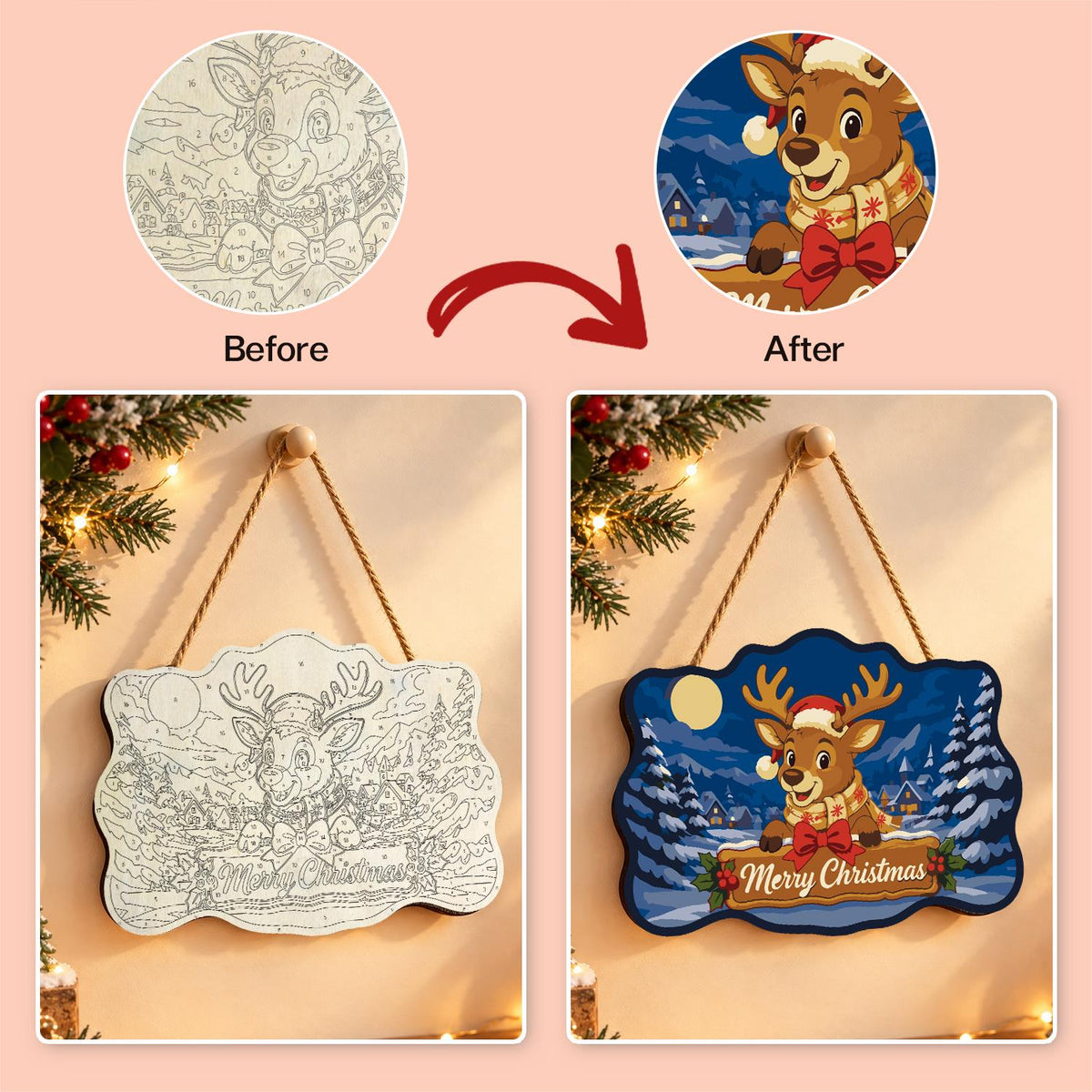 Scarf-Wrapped Reindeer Banner paint by numbers hanging sign – image 10
