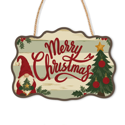 Gnome and Tree Script Greeting paint by numbers hanging sign – Large Merry Christmas script between a gnome and a decorated tree with a star on cream and sage, on a wooden sign with a rope hanger