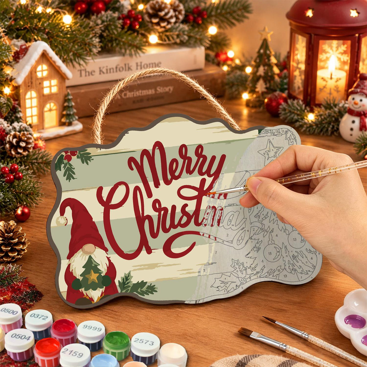 Gnome and Tree Script Greeting paint by numbers hanging sign – image 7
