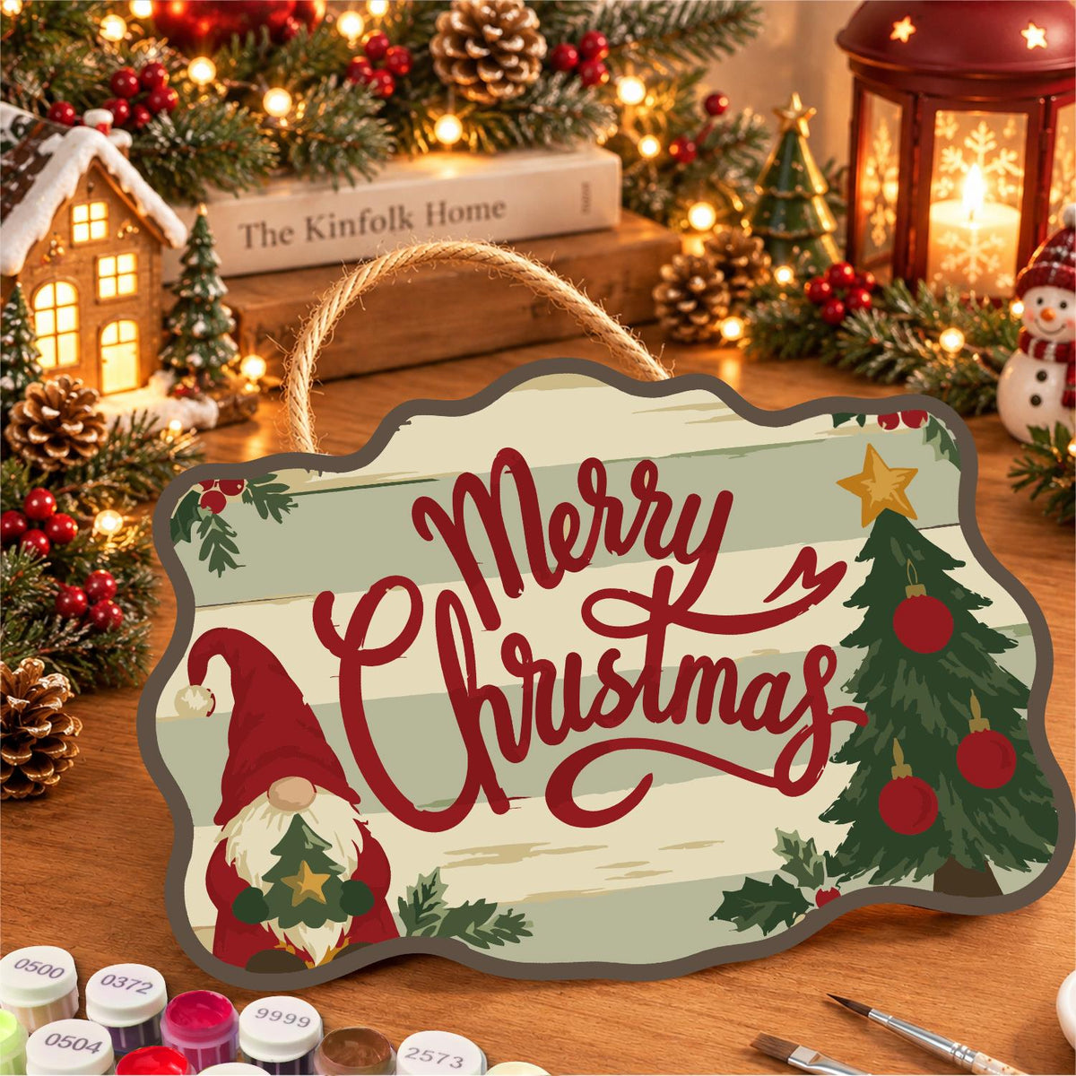 Gnome and Tree Script Greeting paint by numbers hanging sign – image 8