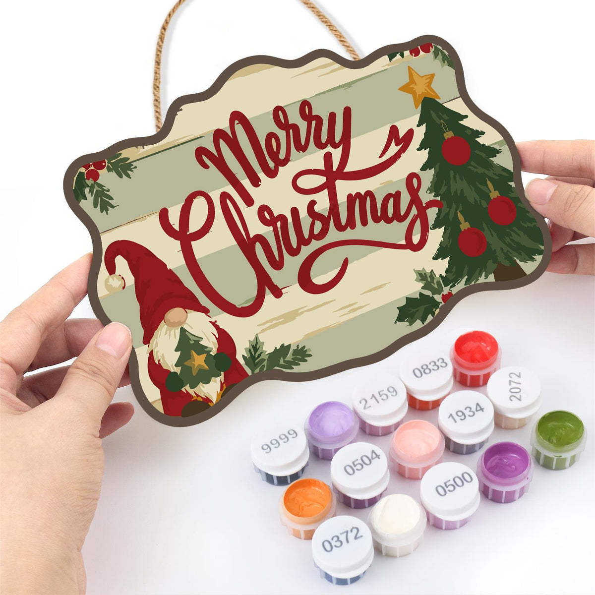 Gnome and Tree Script Greeting paint by numbers hanging sign – image 9