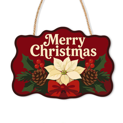 Cream Poinsettia on Crimson paint by numbers hanging sign – Merry Christmas lettering above a cream poinsettia with pinecones, holly and a red bow on deep red, on a wooden sign with a rope hanger
