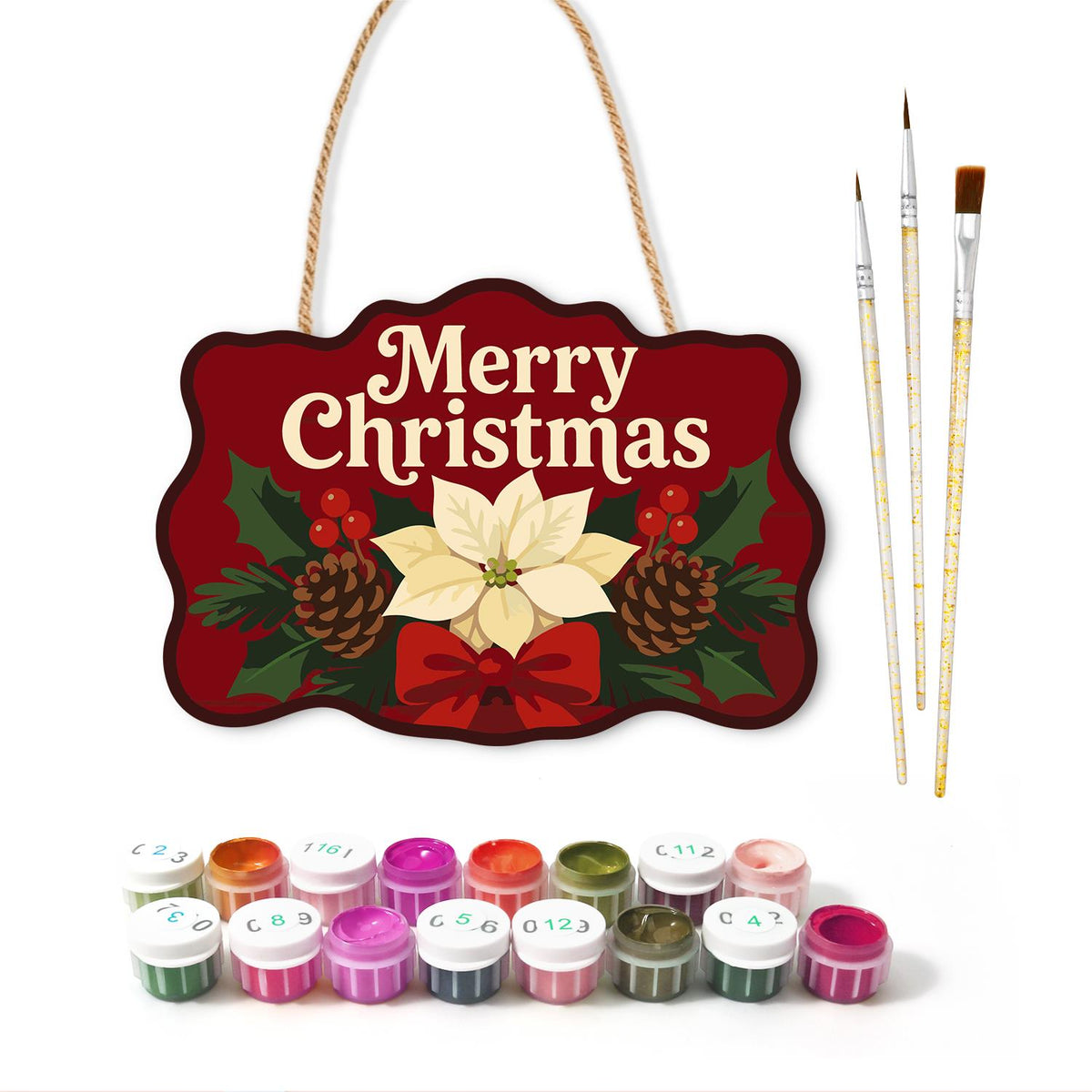 Cream Poinsettia on Crimson paint by numbers hanging sign – image 2