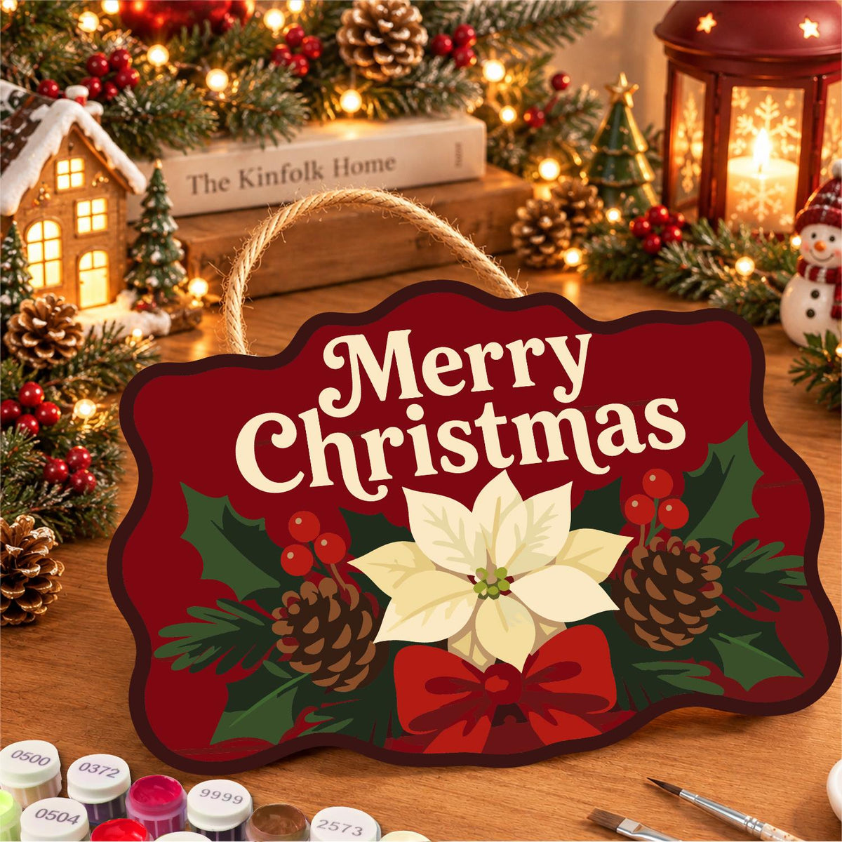 Cream Poinsettia on Crimson paint by numbers hanging sign – image 8