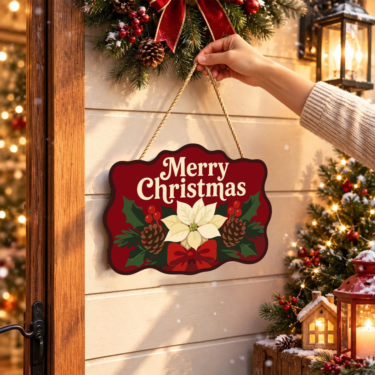 Cream Poinsettia on Crimson paint by numbers hanging sign – image 14