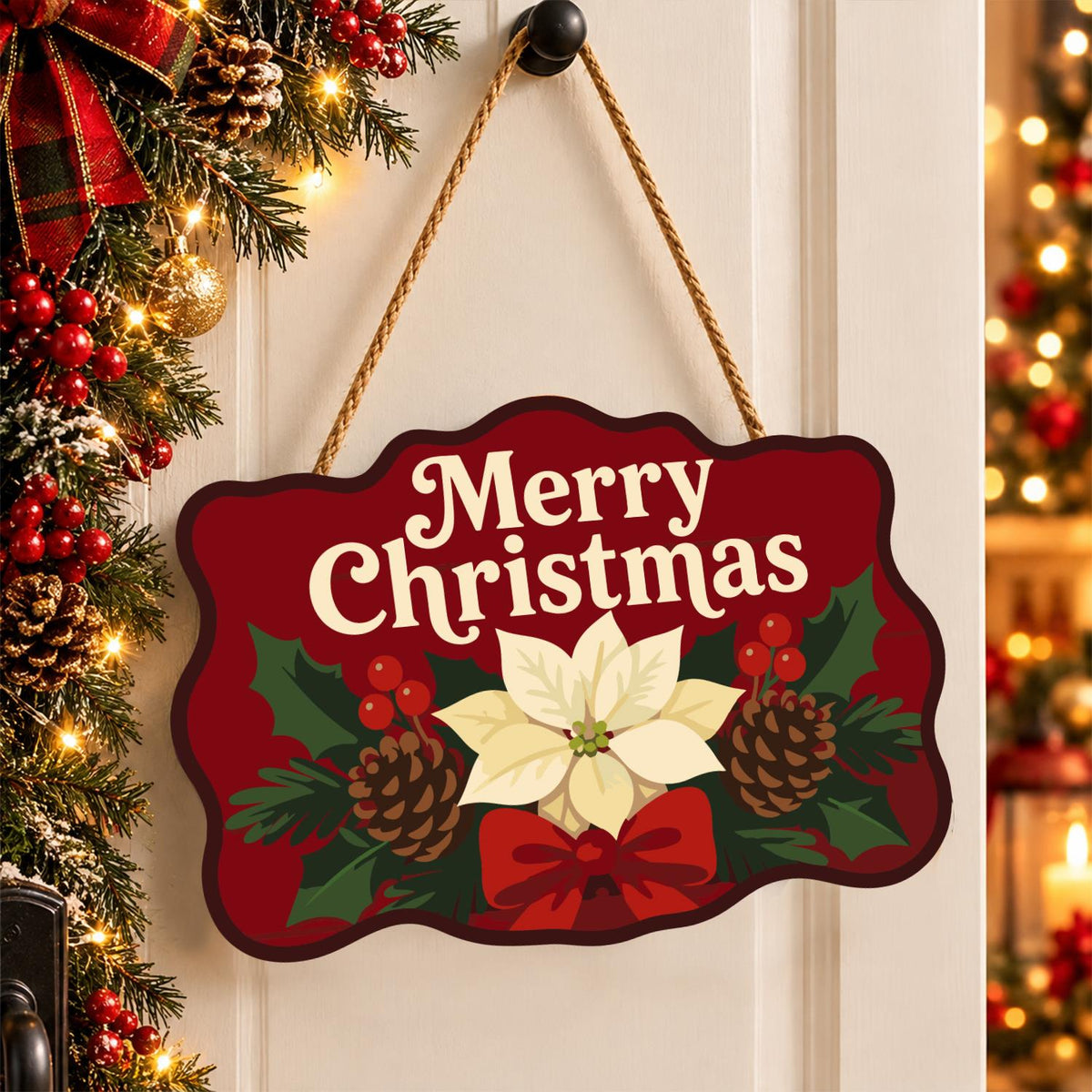 Cream Poinsettia on Crimson paint by numbers hanging sign – image 16