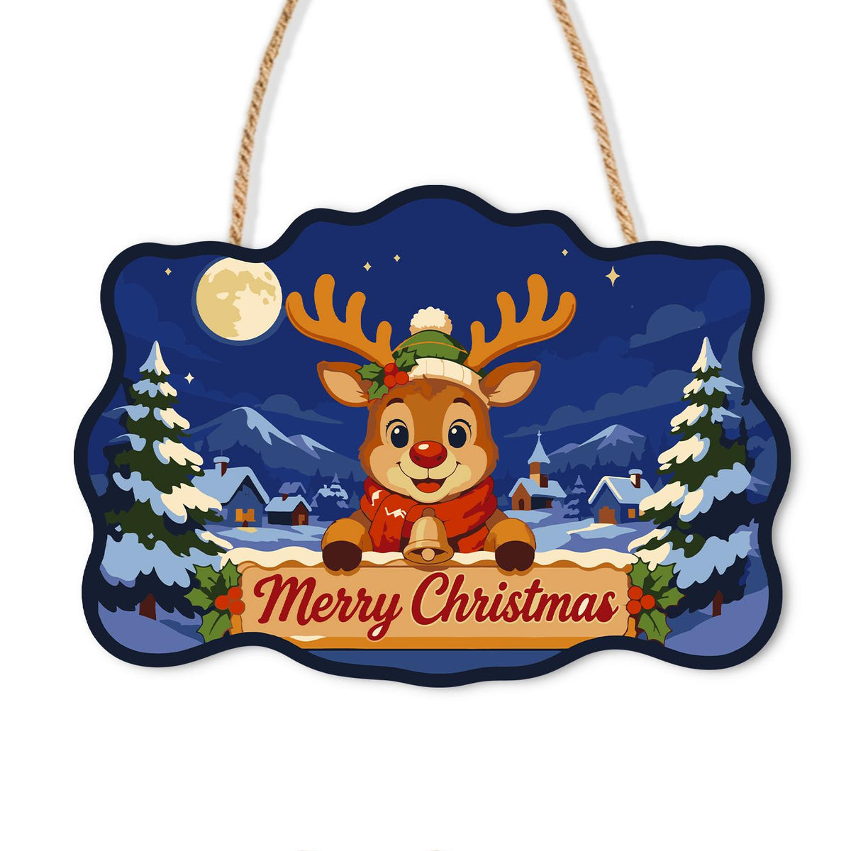 Holly Crown Reindeer Village paint by numbers hanging sign – Cartoon reindeer with a holly crown behind a Merry Christmas banner, snowy village, pines and moon, on a wooden sign with a rope hanger