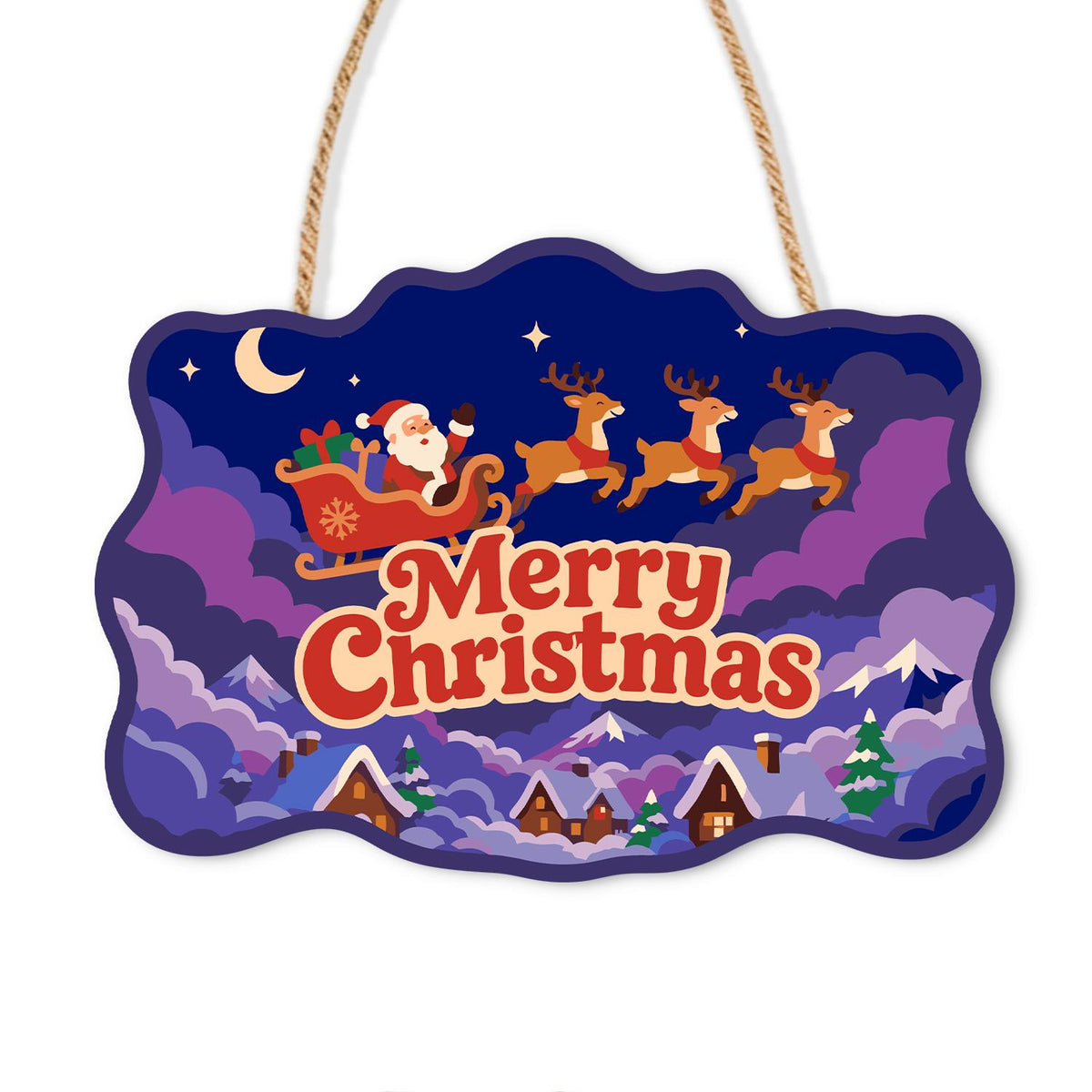 Purple Cloud Sleigh Flight paint by numbers hanging sign – Santa's sleigh and reindeer flying over purple clouds and a snowy village under a crescent moon, on a wooden sign with a rope hanger