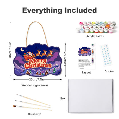 Purple Cloud Sleigh Flight paint by numbers hanging sign – what's in the kit: the wooden sign, rope hanger, numbered paints and brushes