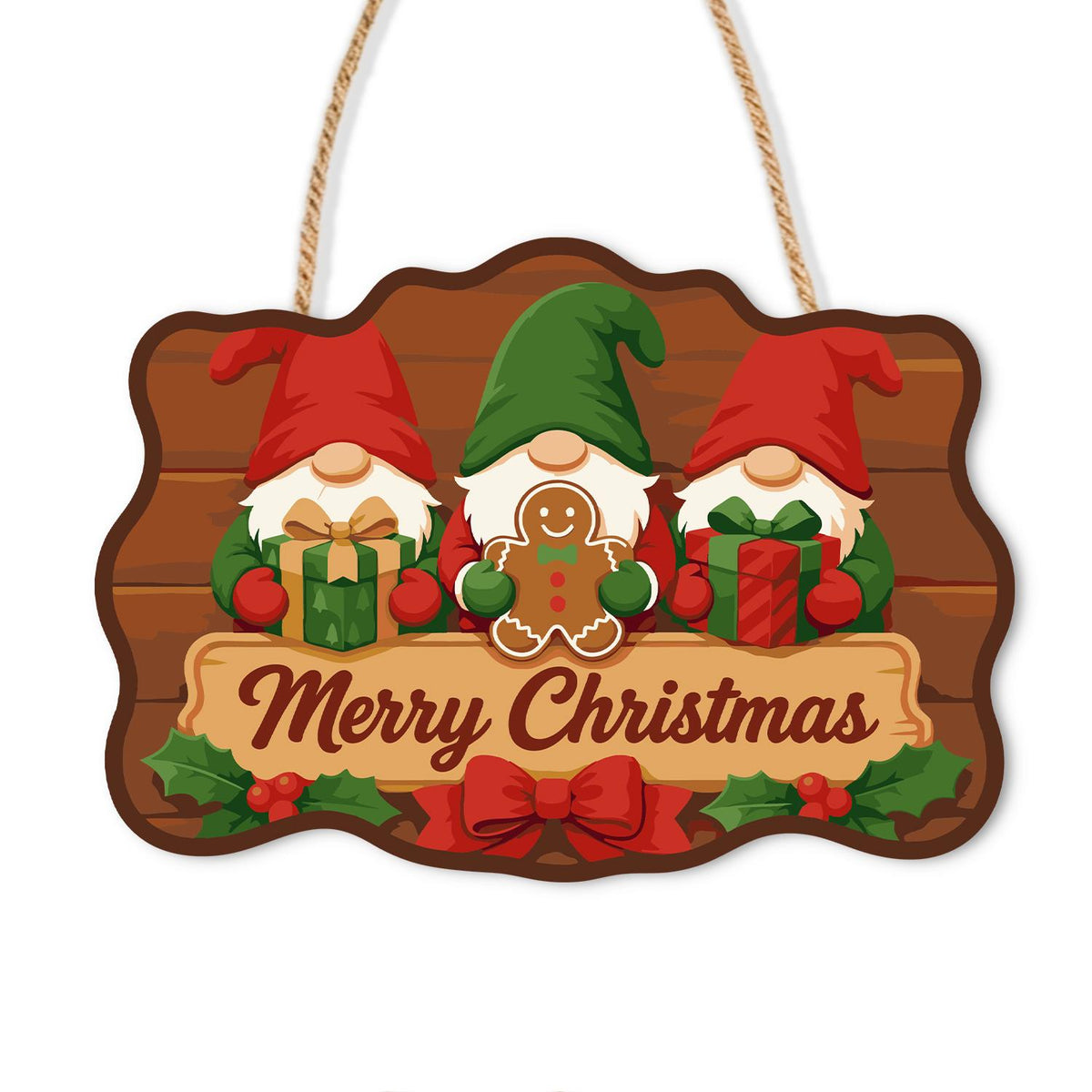 Gingerbread Gnome Trio paint by numbers hanging sign – Three gnomes holding gifts and a gingerbread man above a Merry Christmas banner on rustic planks, on a wooden sign with a rope hanger