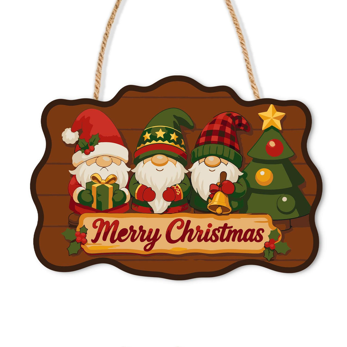 Star-Hat Gnomes and Little Tree paint by numbers hanging sign – Three gnomes in red, green and plaid hats with a gift and bell beside a small tree, Merry Christmas, on a wooden sign with a rope hanger