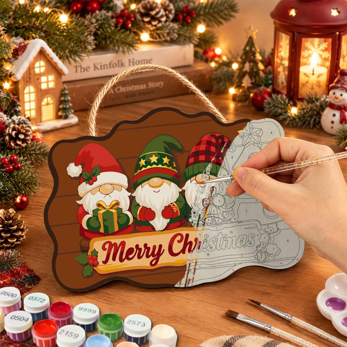 Star-Hat Gnomes and Little Tree paint by numbers hanging sign – image 7