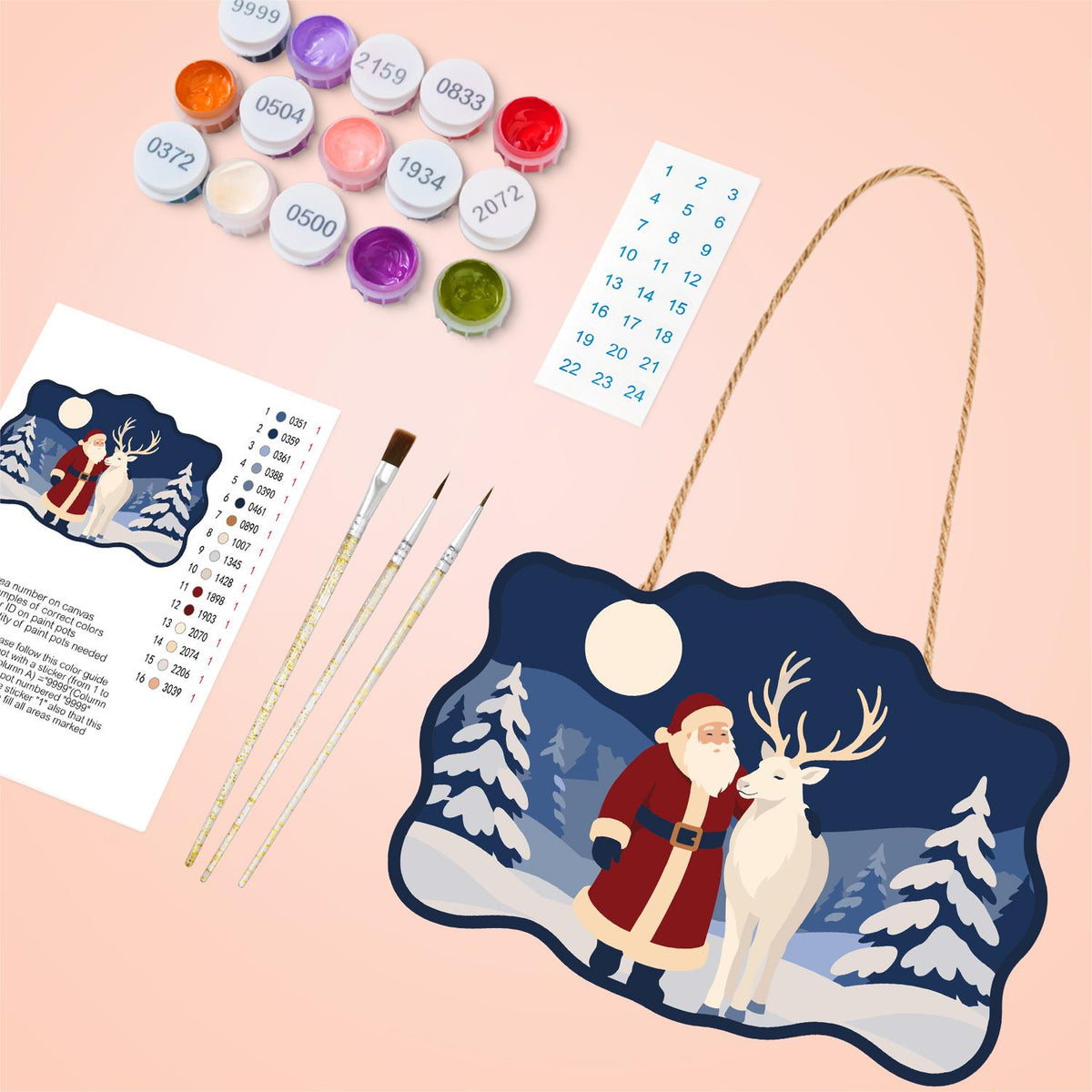 Moonlit Santa and White Reindeer paint by numbers hanging sign – image 4