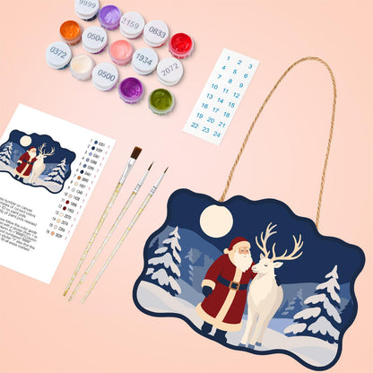 Moonlit Santa and White Reindeer paint by numbers hanging sign – image 4