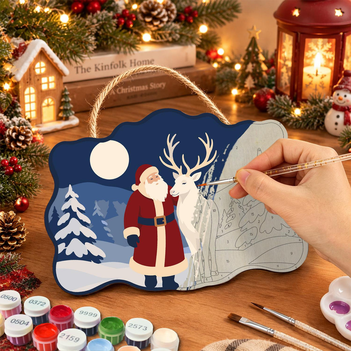 Moonlit Santa and White Reindeer paint by numbers hanging sign – image 7