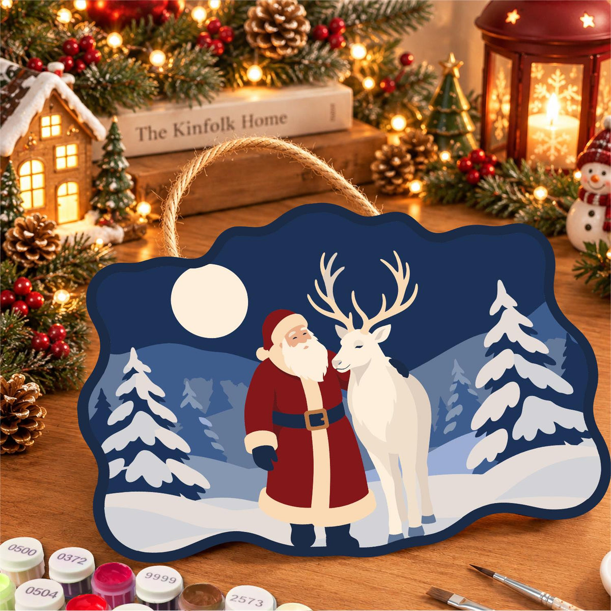Moonlit Santa and White Reindeer paint by numbers hanging sign – image 8