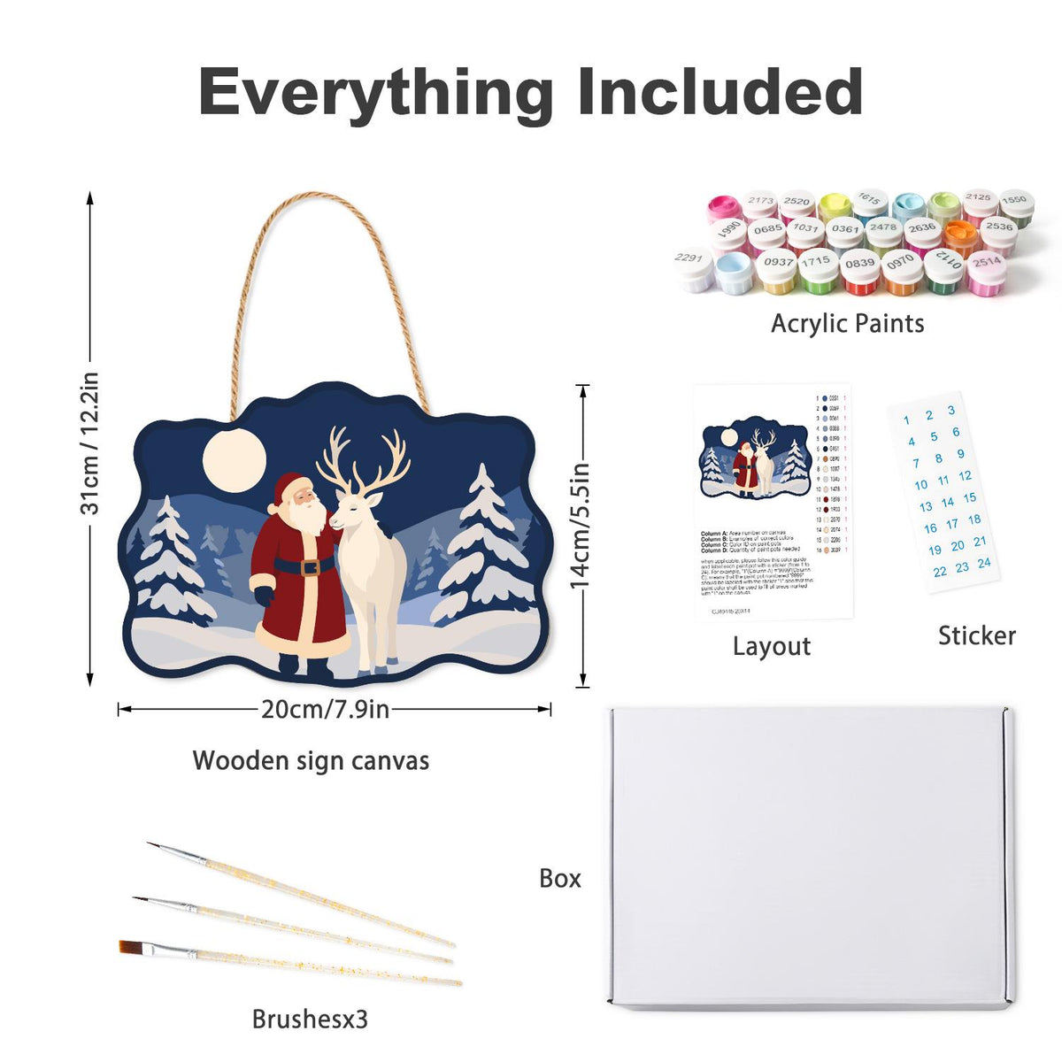 Moonlit Santa and White Reindeer paint by numbers hanging sign – what's in the kit: the wooden sign, rope hanger, numbered paints and brushes