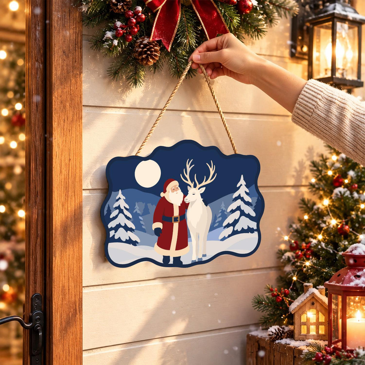 Moonlit Santa and White Reindeer paint by numbers hanging sign – image 14