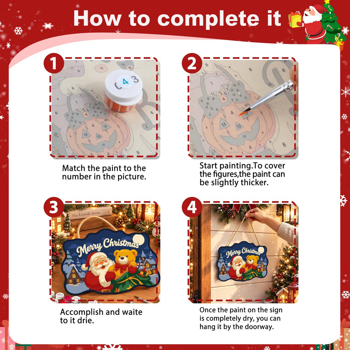 Teddy Bear Santa Village Night paint by numbers hanging sign – image 6