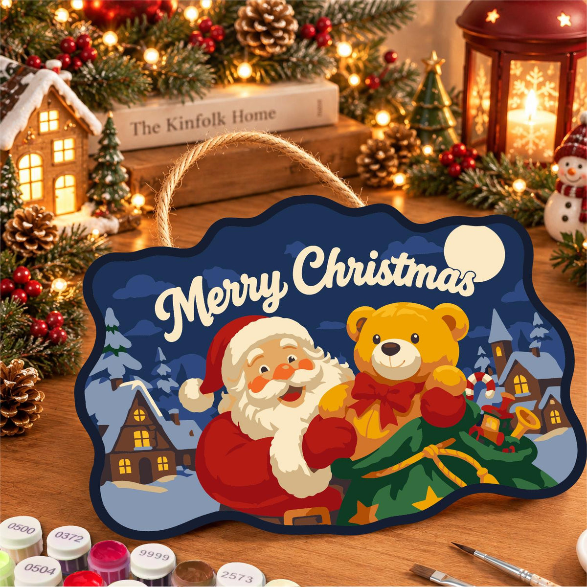 Teddy Bear Santa Village Night paint by numbers hanging sign – image 8