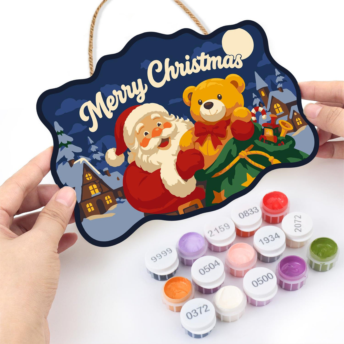 Teddy Bear Santa Village Night paint by numbers hanging sign – image 9