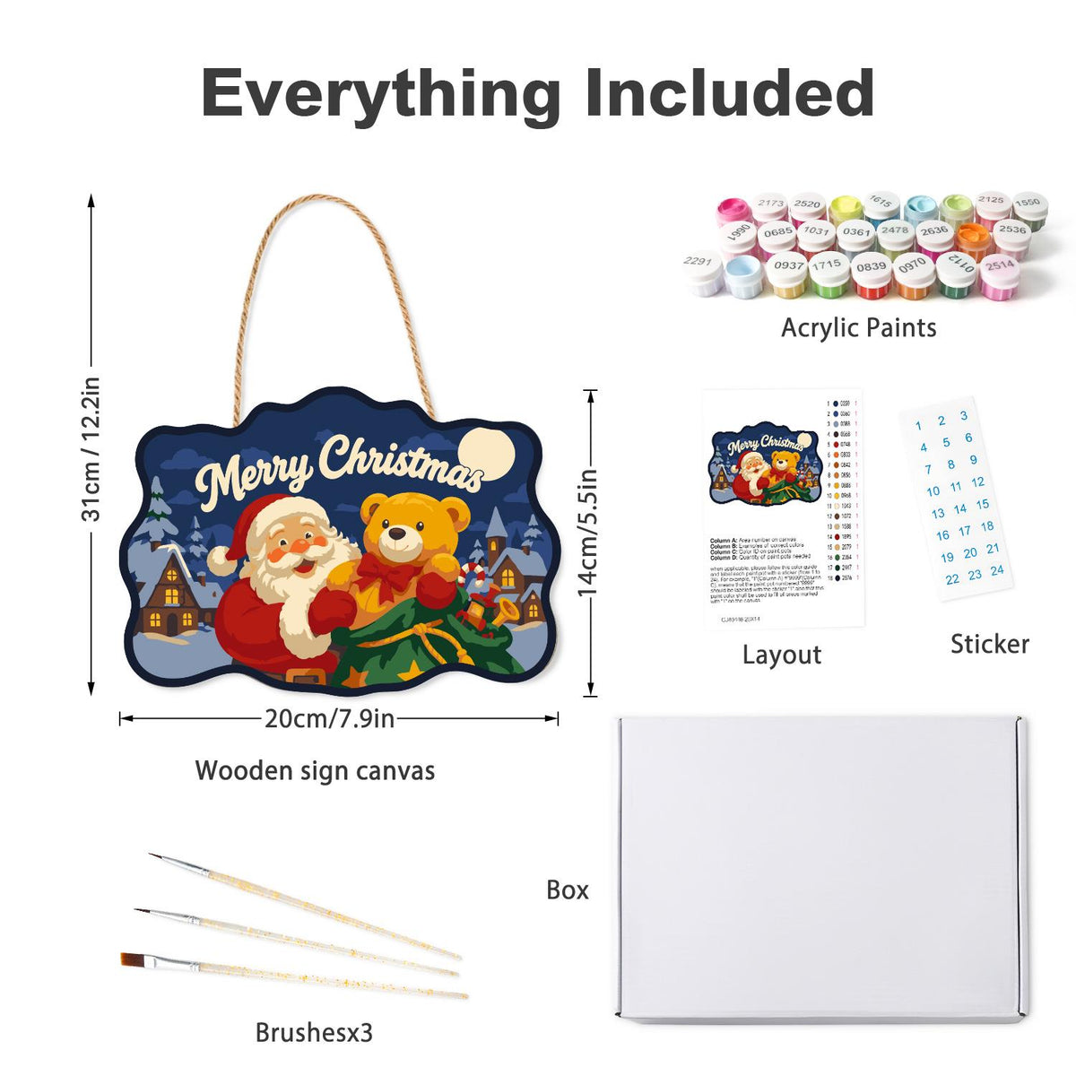 Teddy Bear Santa Village Night paint by numbers hanging sign – what's in the kit: the wooden sign, rope hanger, numbered paints and brushes
