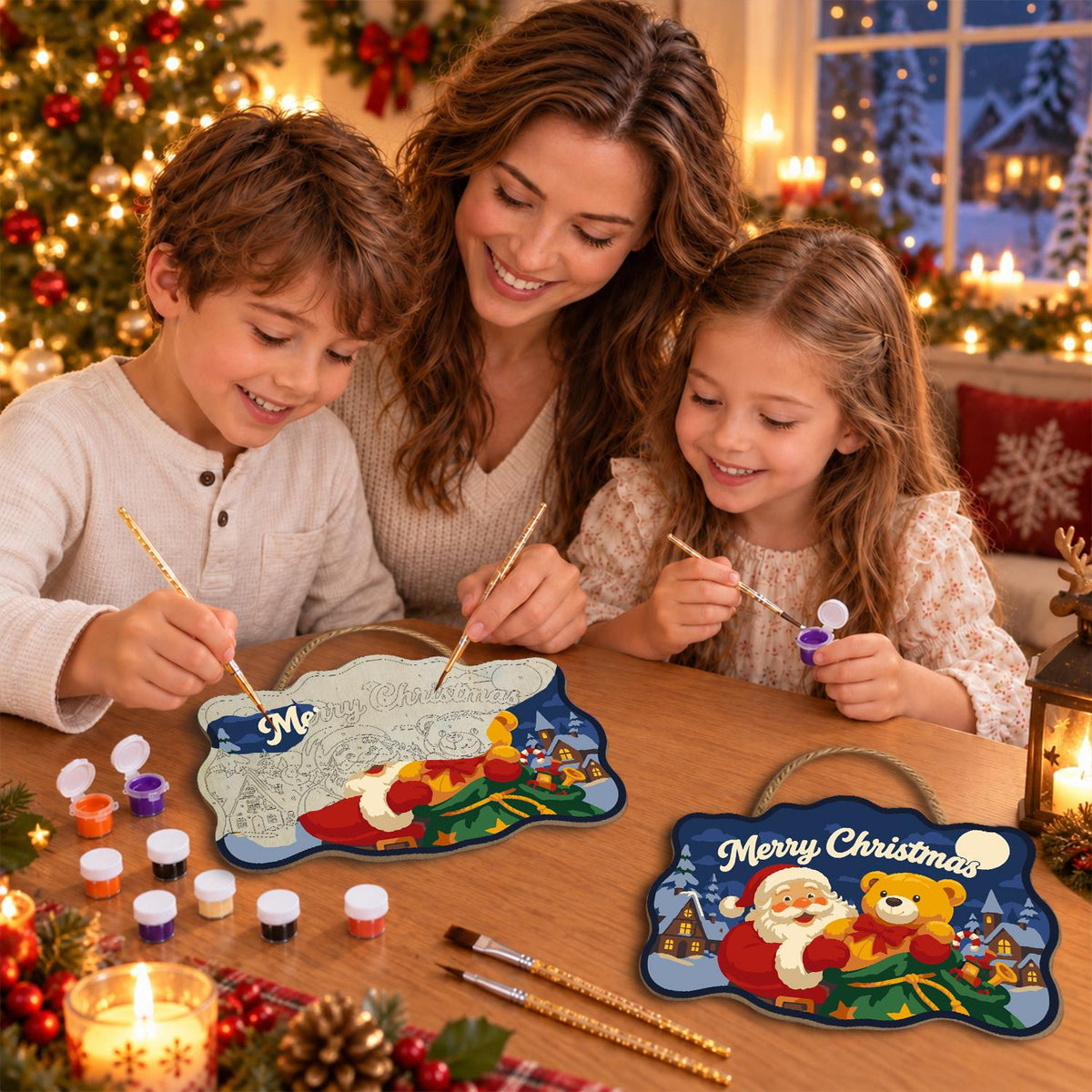 Teddy Bear Santa Village Night paint by numbers hanging sign – image 12
