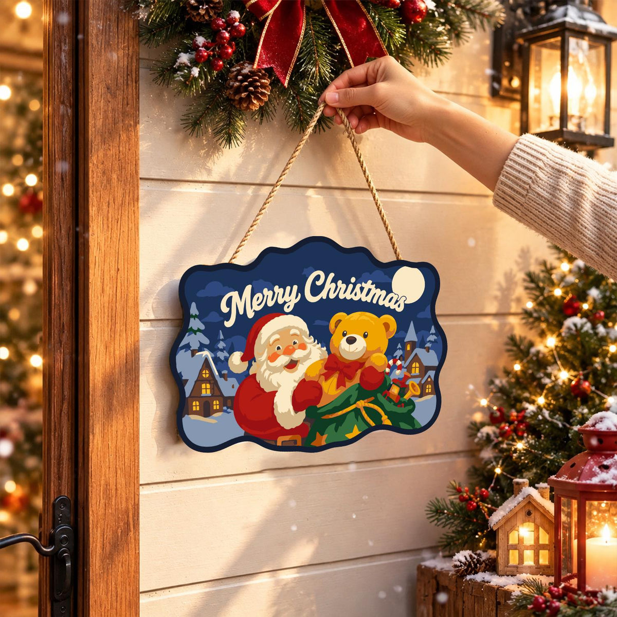 Teddy Bear Santa Village Night paint by numbers hanging sign – image 14