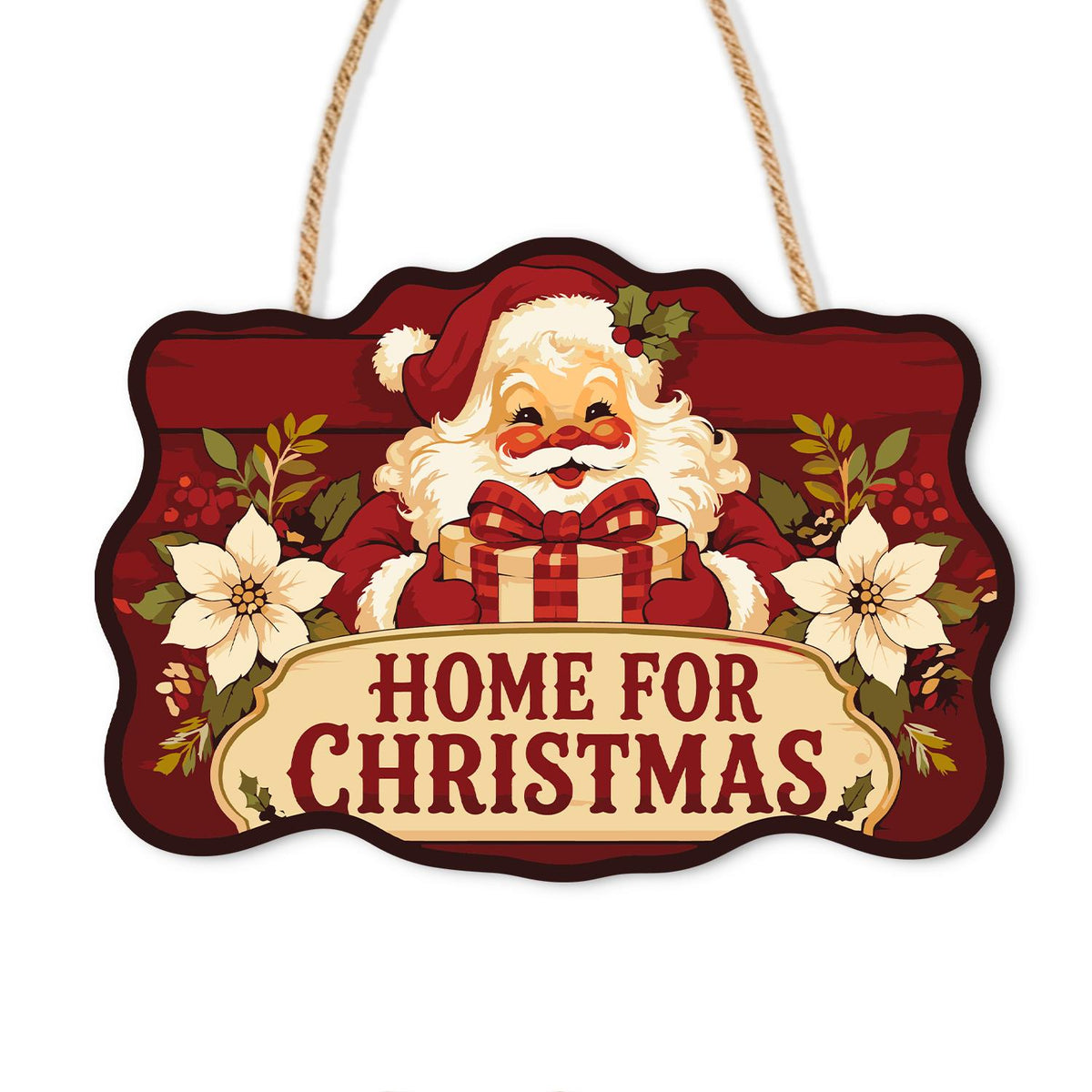 Poinsettia Santa Homecoming paint by numbers hanging sign – Smiling Santa holding a gift among cream poinsettias above a Home for Christmas banner on deep red, on a wooden sign with a rope hanger