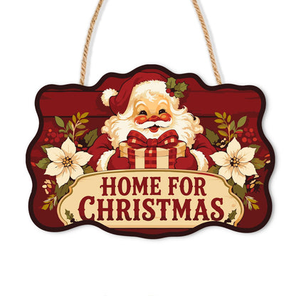 Poinsettia Santa Homecoming paint by numbers hanging sign – Smiling Santa holding a gift among cream poinsettias above a Home for Christmas banner on deep red, on a wooden sign with a rope hanger