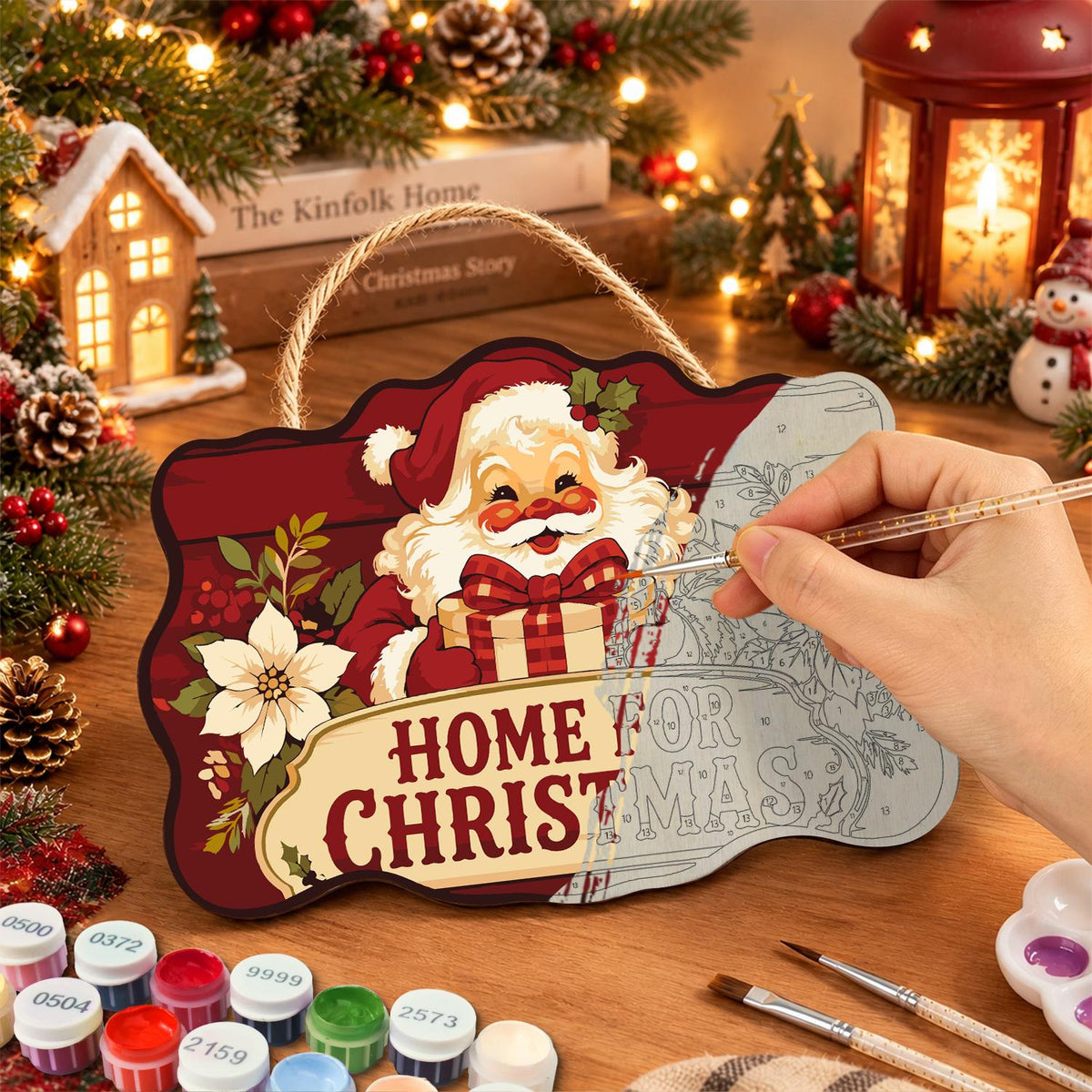 Poinsettia Santa Homecoming paint by numbers hanging sign – image 7