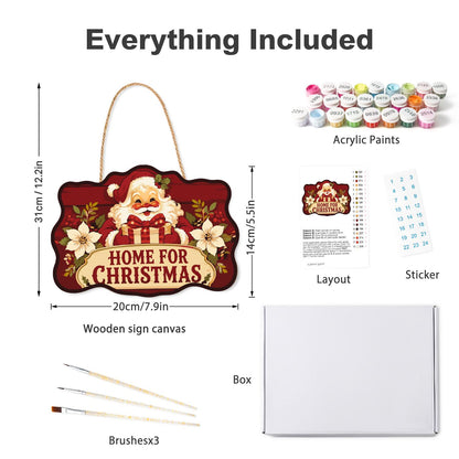 Poinsettia Santa Homecoming paint by numbers hanging sign – what's in the kit: the wooden sign, rope hanger, numbered paints and brushes