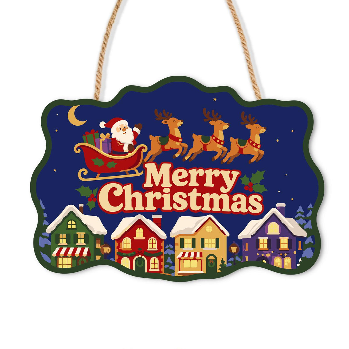 Sleigh Over Rainbow Rooftops paint by numbers hanging sign – Santa's sleigh and reindeer flying over colorful village rooftops under a crescent moon, Merry Christmas, on a wooden sign with a rope hanger