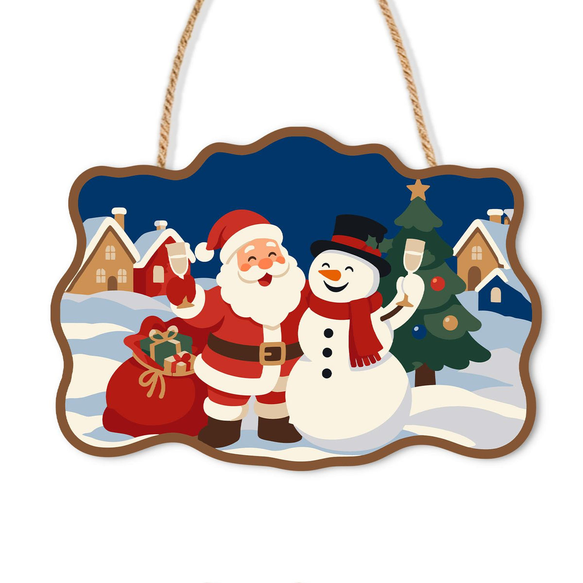 Village Square Santa and Snowman paint by numbers hanging sign – Santa with a gift sack and a top-hatted snowman waving in a snowy village at night beside a tree, on a wooden sign with a rope hanger