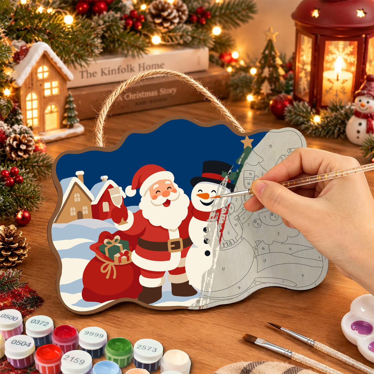 Village Square Santa and Snowman paint by numbers hanging sign – image 7