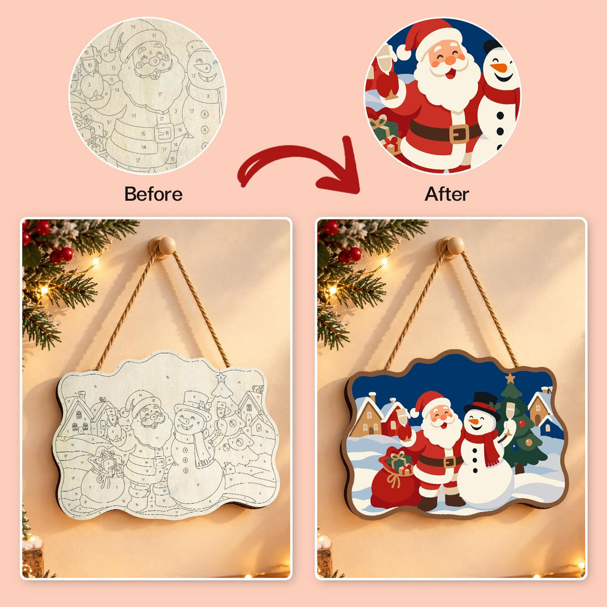 Village Square Santa and Snowman paint by numbers hanging sign – image 10