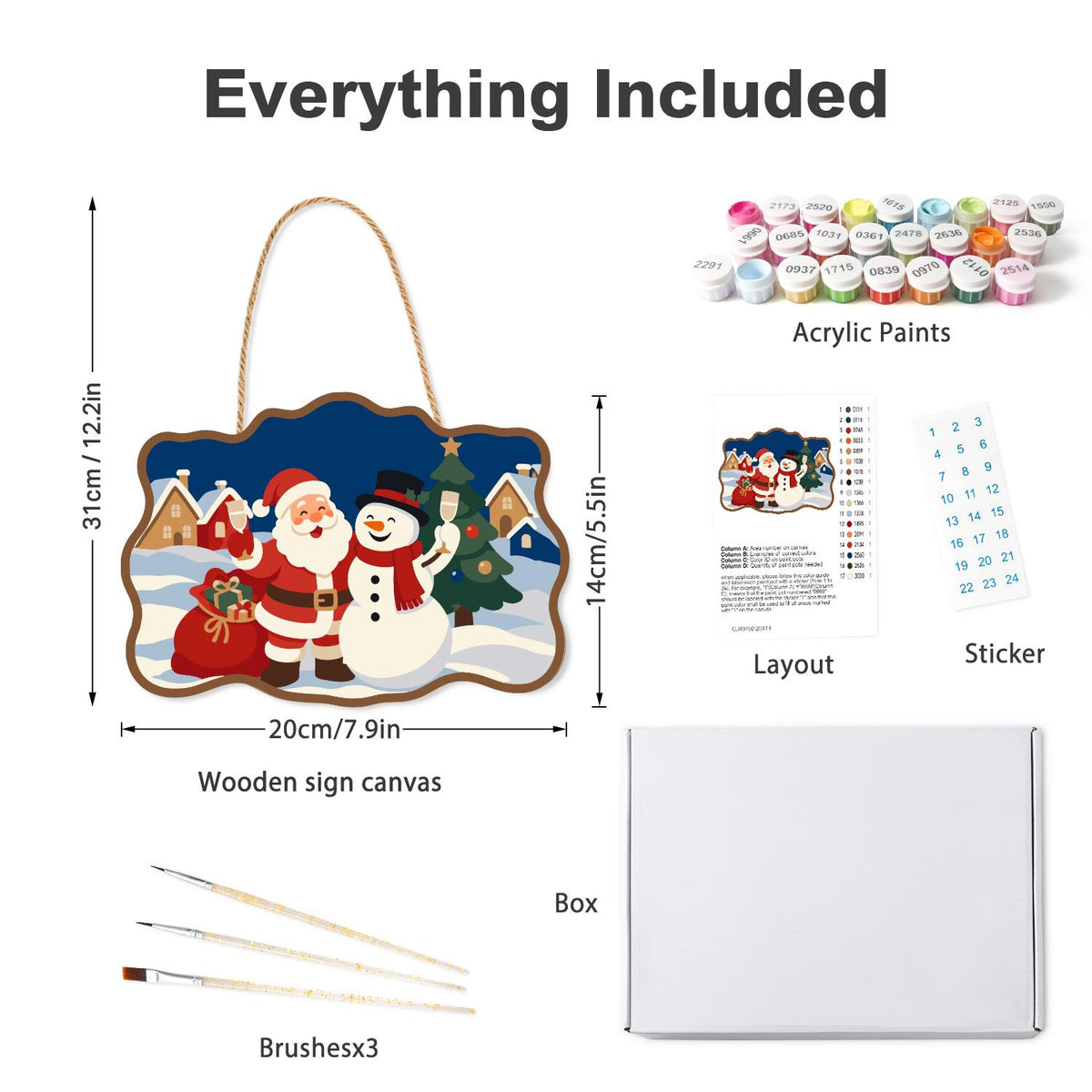 Village Square Santa and Snowman paint by numbers hanging sign – what's in the kit: the wooden sign, rope hanger, numbered paints and brushes