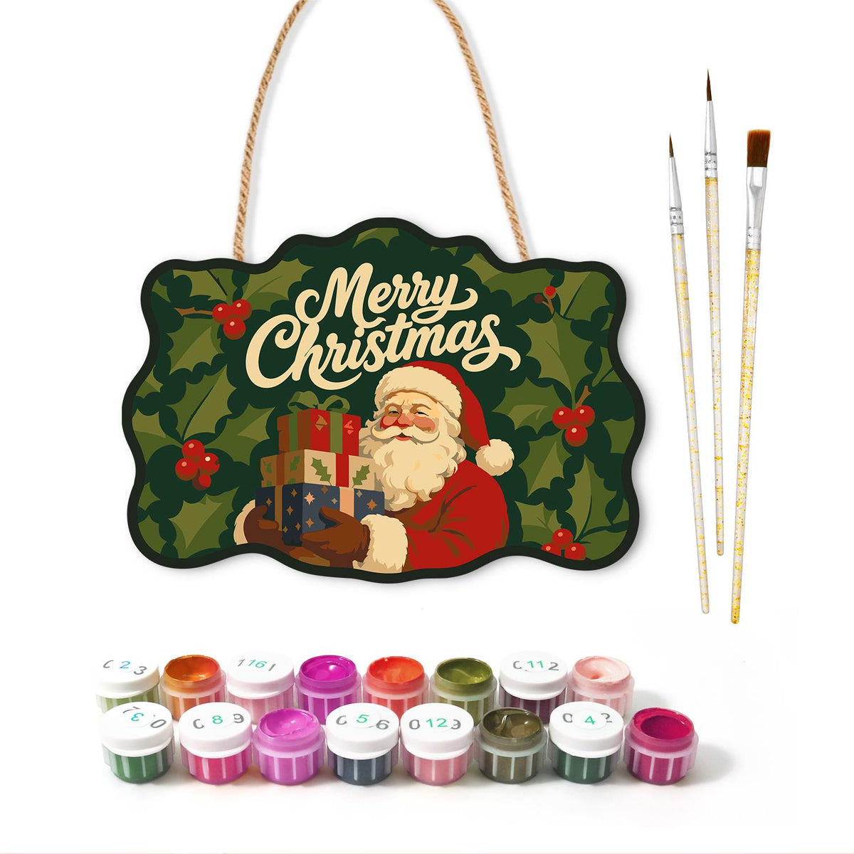 Holly Leaf Santa Gift Stack paint by numbers hanging sign – image 2