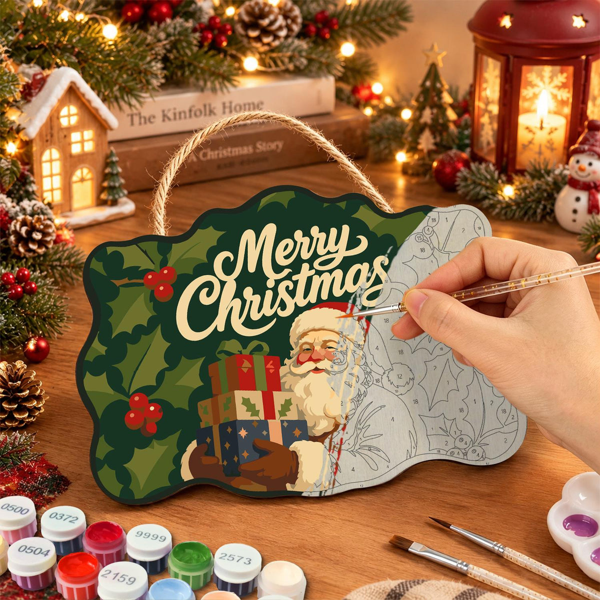 Holly Leaf Santa Gift Stack paint by numbers hanging sign – image 7