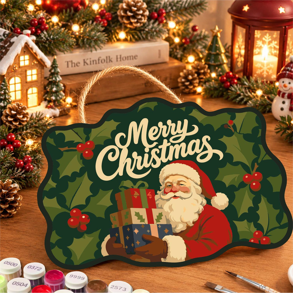 Holly Leaf Santa Gift Stack paint by numbers hanging sign – image 8