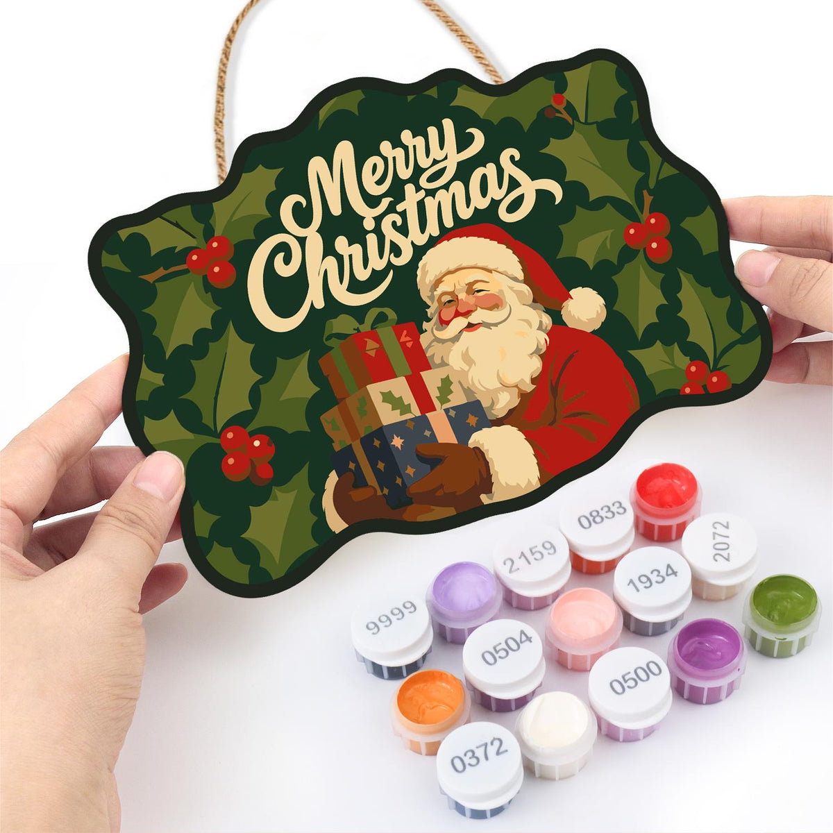 Holly Leaf Santa Gift Stack paint by numbers hanging sign – image 9