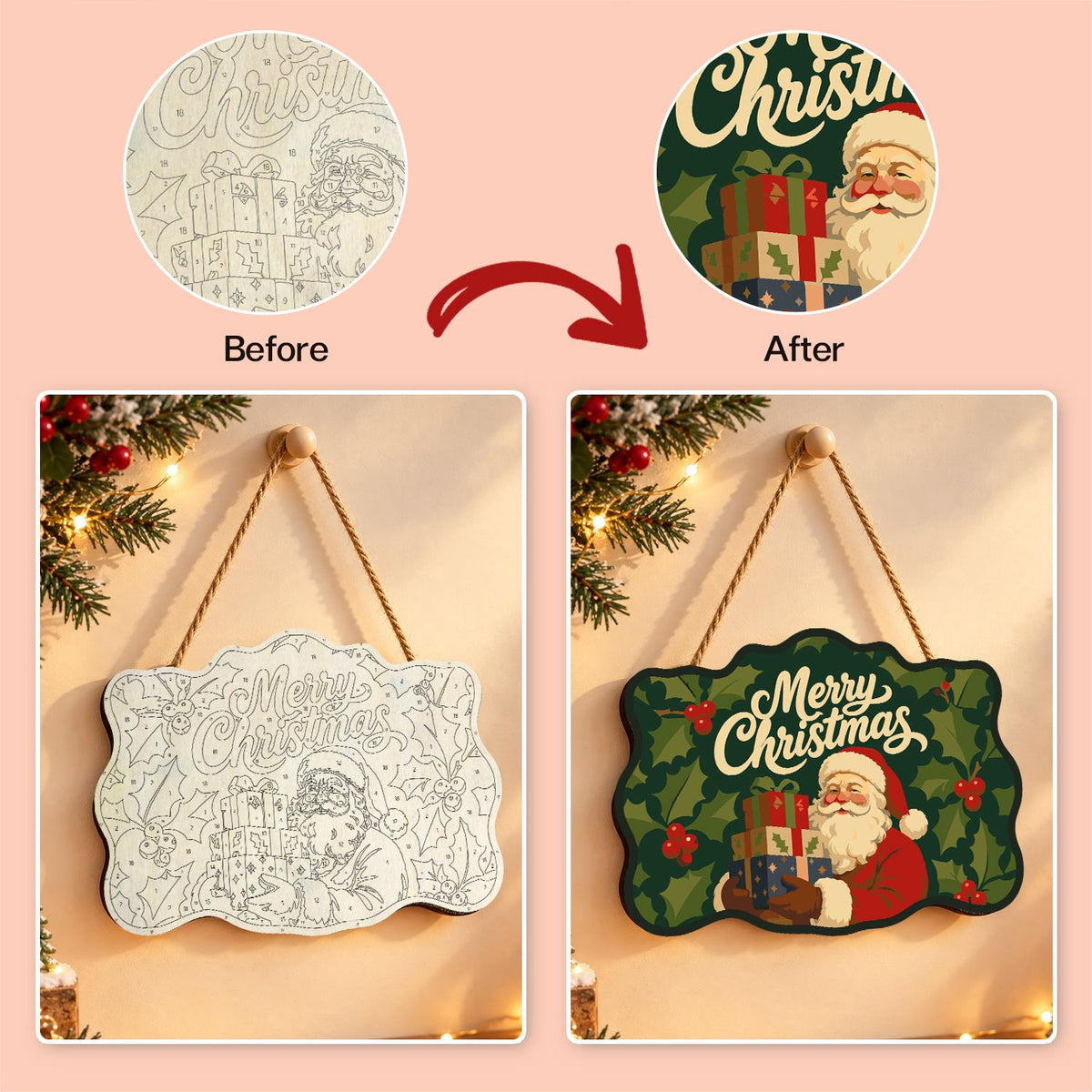 Holly Leaf Santa Gift Stack paint by numbers hanging sign – image 10