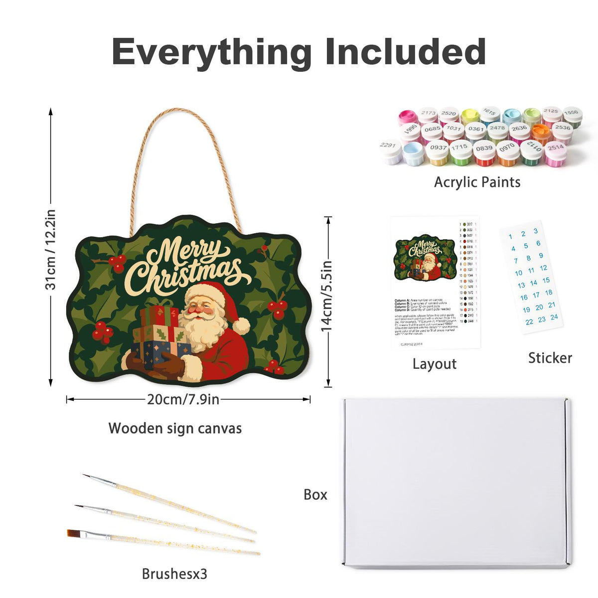 Holly Leaf Santa Gift Stack paint by numbers hanging sign – what's in the kit: the wooden sign, rope hanger, numbered paints and brushes
