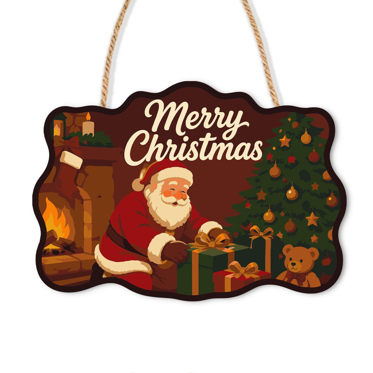 Crimson Room Santa Wrapping Gifts paint by numbers hanging sign – Santa wrapping gifts by a fireplace and decorated tree with a teddy bear on deep red, Merry Christmas, on a wooden sign with a rope hanger