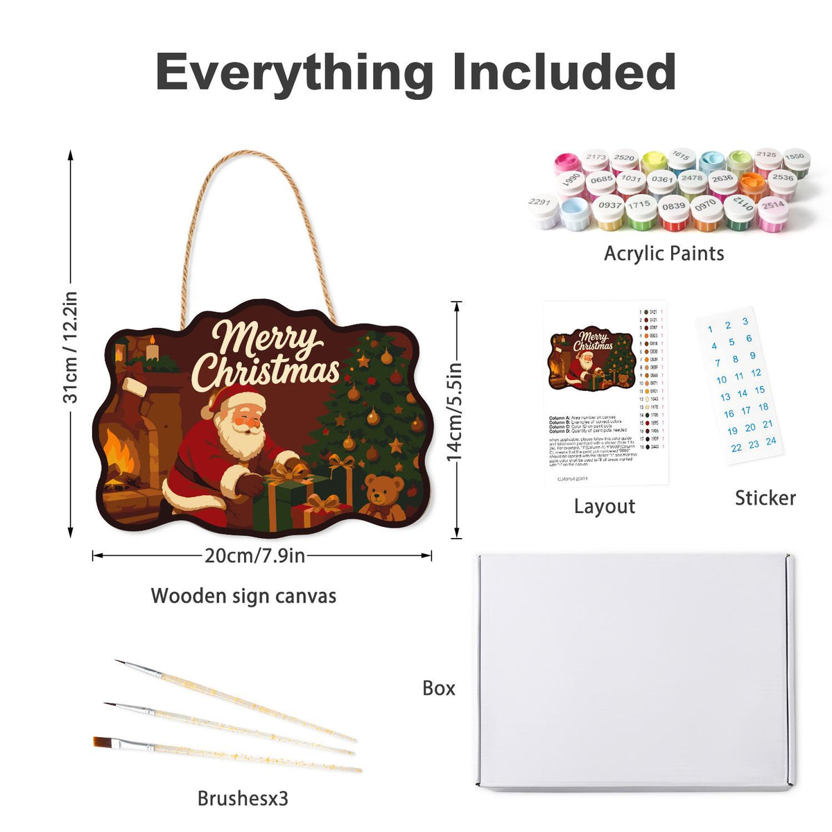 Crimson Room Santa Wrapping Gifts paint by numbers hanging sign – what's in the kit: the wooden sign, rope hanger, numbered paints and brushes