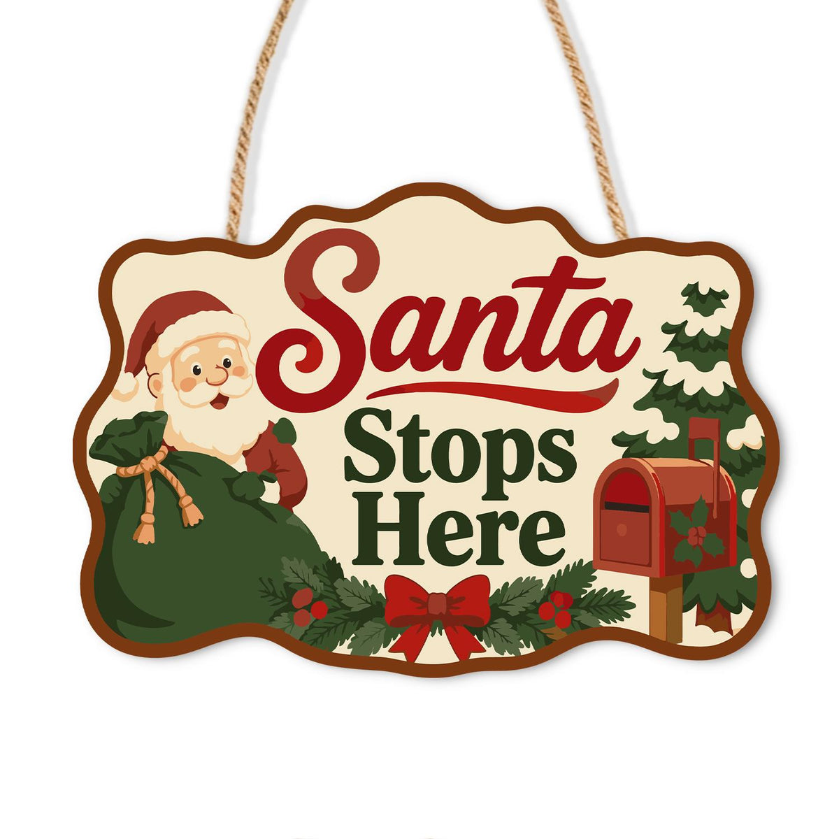 Green Sack Santa Mailbox Stop paint by numbers hanging sign – Santa with a green sack beside a red mailbox and pines, Santa Stops Here lettering on cream, on a wooden sign with a rope hanger