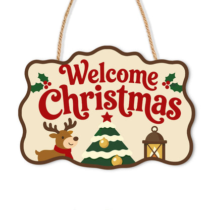 Reindeer and Lantern Welcome paint by numbers hanging sign – Welcome Christmas lettering on cream with a small reindeer, decorated tree, lantern and holly, on a wooden sign with a rope hanger
